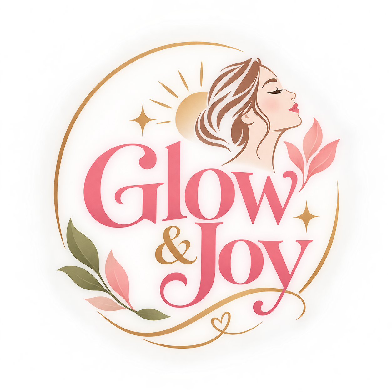 “Glow & Joy logo featuring an elegant woman’s profile, sun, leaves, sparkles, and gold accents on a soft pink background.”